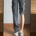 Retro Washed Gray Large Workwear With Pocket Jeans For Women