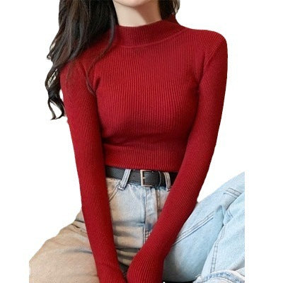 Women's Fashionable All-matching Pure Color Half Collar Slim Knit Bottoming Shirt Top