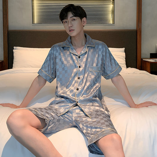 Men's Pajamas Summer Ice Silk Thin Short Sleeve Plus Size Loose Real Silk Jacquard Youth Homewear Suit