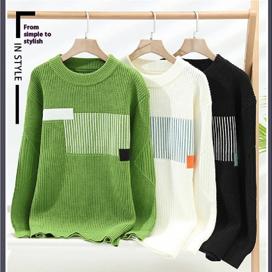 Men's Contrast Color Bottoming Knitwear Loose And Warm Cotton Knitwear