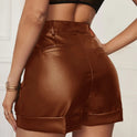 PU Leather Shorts Women's Women's Outerwear High Rolled Hem Pleated Ladies Casual Hip-wrapped Pants