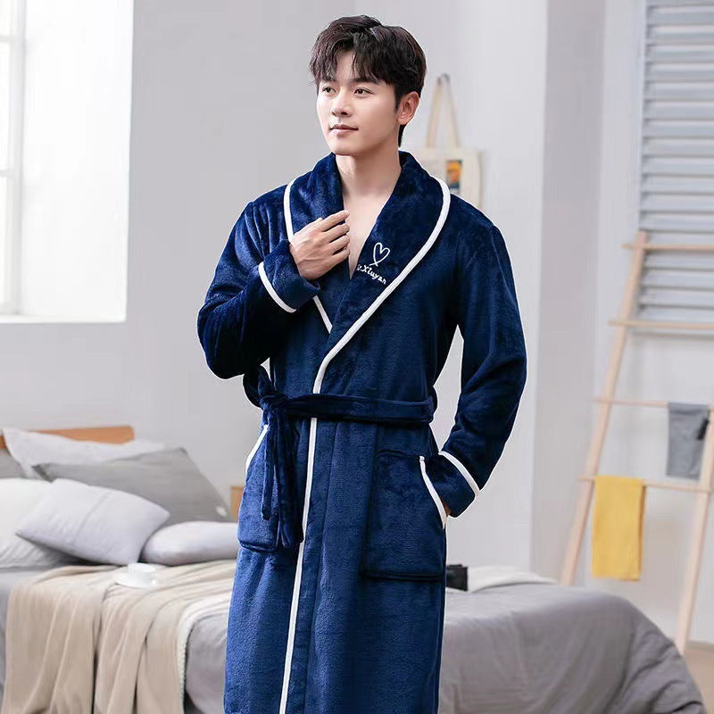 Autumn And Winter Flannel Oversize Men's Plush Lengthened Bathrobe