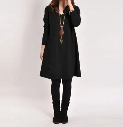 Pure color literary long sleeve dress