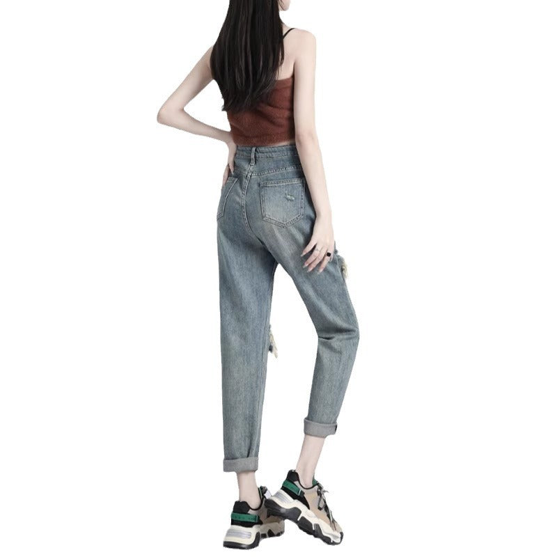 Ripped Daddy Jeans For Women Spring And Autumn 2024 New High Waist Loose Small