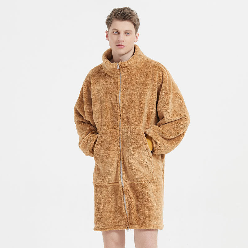 Men's Camel Fleece Zipper Cardigan Nightgown