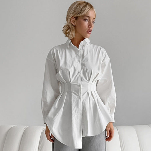 Cinched Pleated Lapel Long Sleeve Shirt