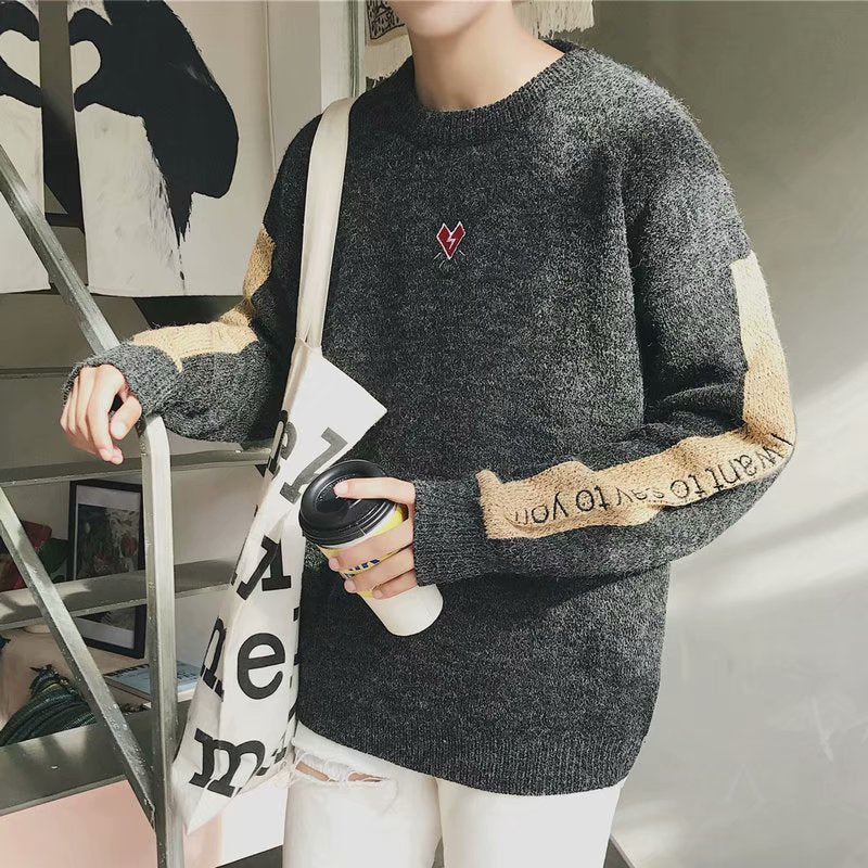 Boys Embroidered Casual Sweater Long-sleeved Color-block Sweater