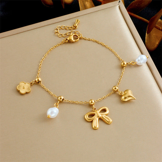 Fashion Bowknot Pearl Heart Drop Oil Contrast Color Bracelet