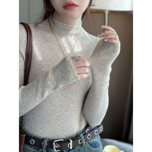 Inner High-grade Gray Mock Neck Sweater Mid-collar Knitted Top