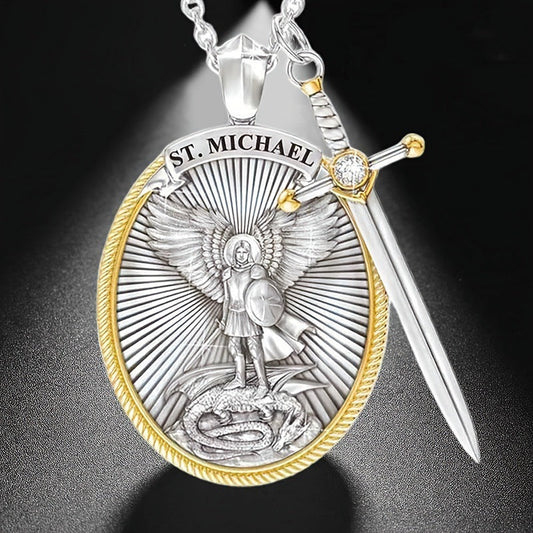 European Hip Hop Unisex Knight Cross Sword Saint Angel Michael Pendant Necklace