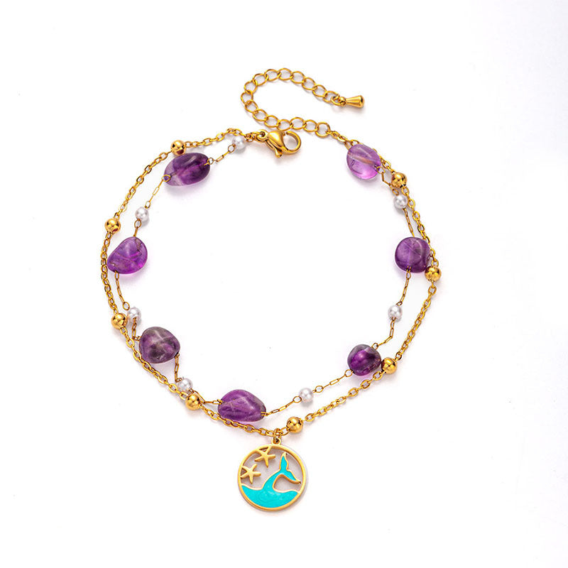 Blue Purple Artificial Stone Pearl Chain Love Dolphin Pendant Double Chain Bracelet