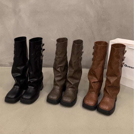 Women's Thick-soled Retro Pantyhose Long Biker Boots Shoes