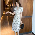 Socialite Style High-grade Bubble Sleeve Elegant Satin Slim-fit Sheath Polka Dot Dress Summer