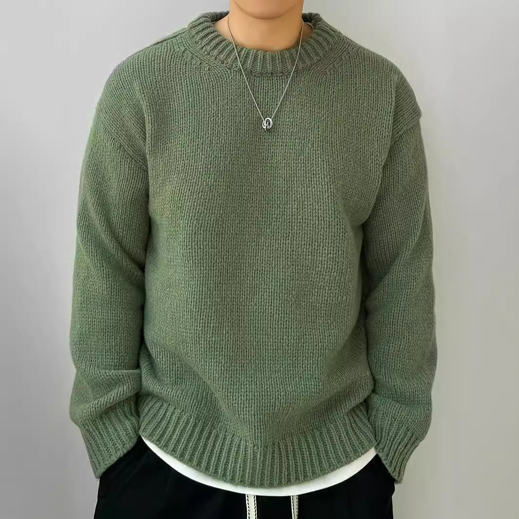 Solid Color Loose Knitted Pullover Leisure Japanese-style Retro Long Sleeve Round Neck Sweater Men