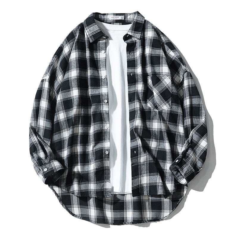 Japanese Style Plaid Long Sleeve Shirt Men Loose-fitting Workwear Jacket