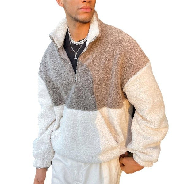 Fall Winter Men Simple Contrast Color Polar Fleece Thermal Sweater