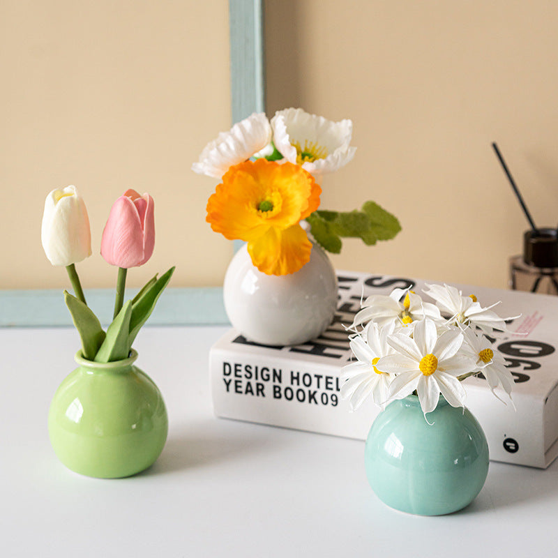 Mini Wide Mouth Ceramic Small Vase Artificial Flower