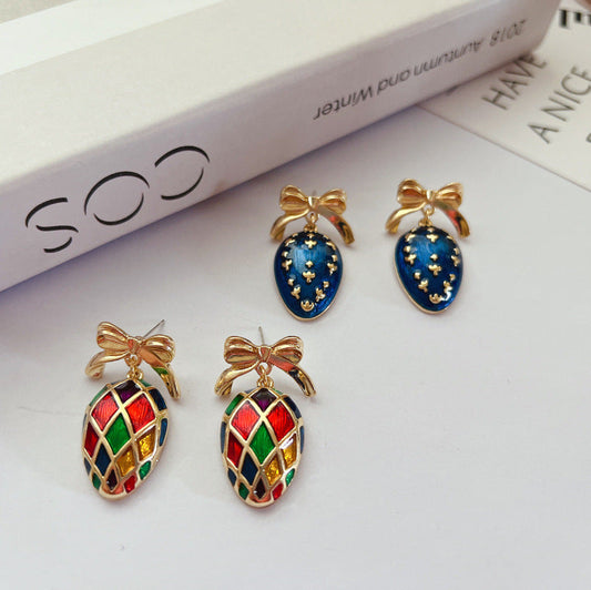 Vintage Plaid Bow Drip Glazed Enamel Earrings