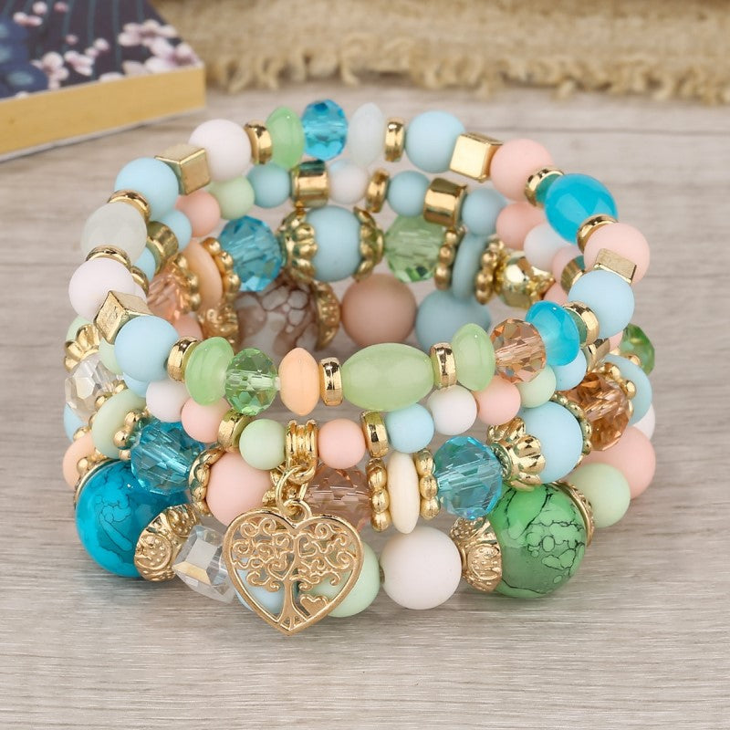 Bohemian National Style Crystal Peach Heart Multi-layer Bracelet