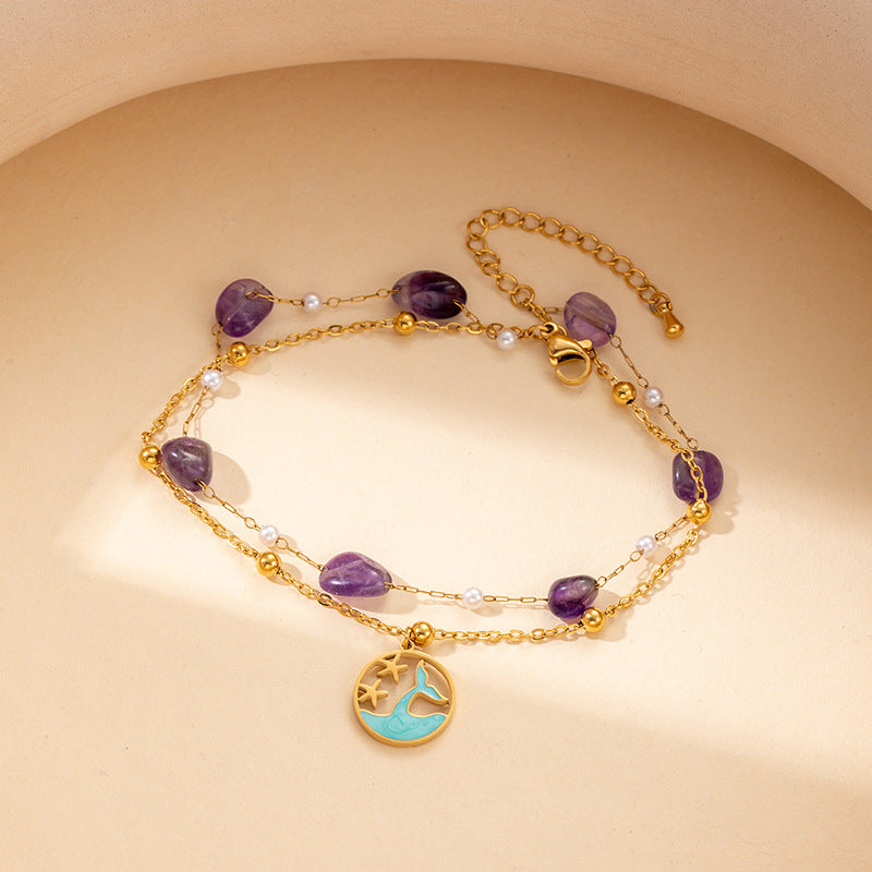 Blue Purple Artificial Stone Pearl Chain Love Dolphin Pendant Double Chain Bracelet