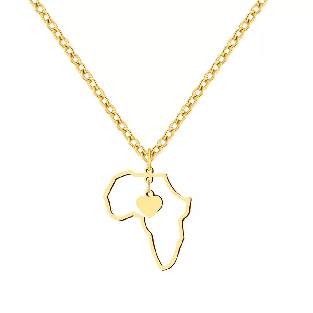 Personalized Creative Gold Stainless Steel Africa Map Love Heart Pendant Necklace