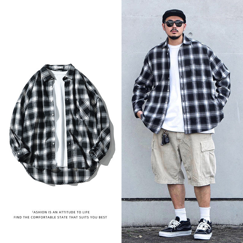 Japanese Style Plaid Long Sleeve Shirt Men Loose-fitting Workwear Jacket