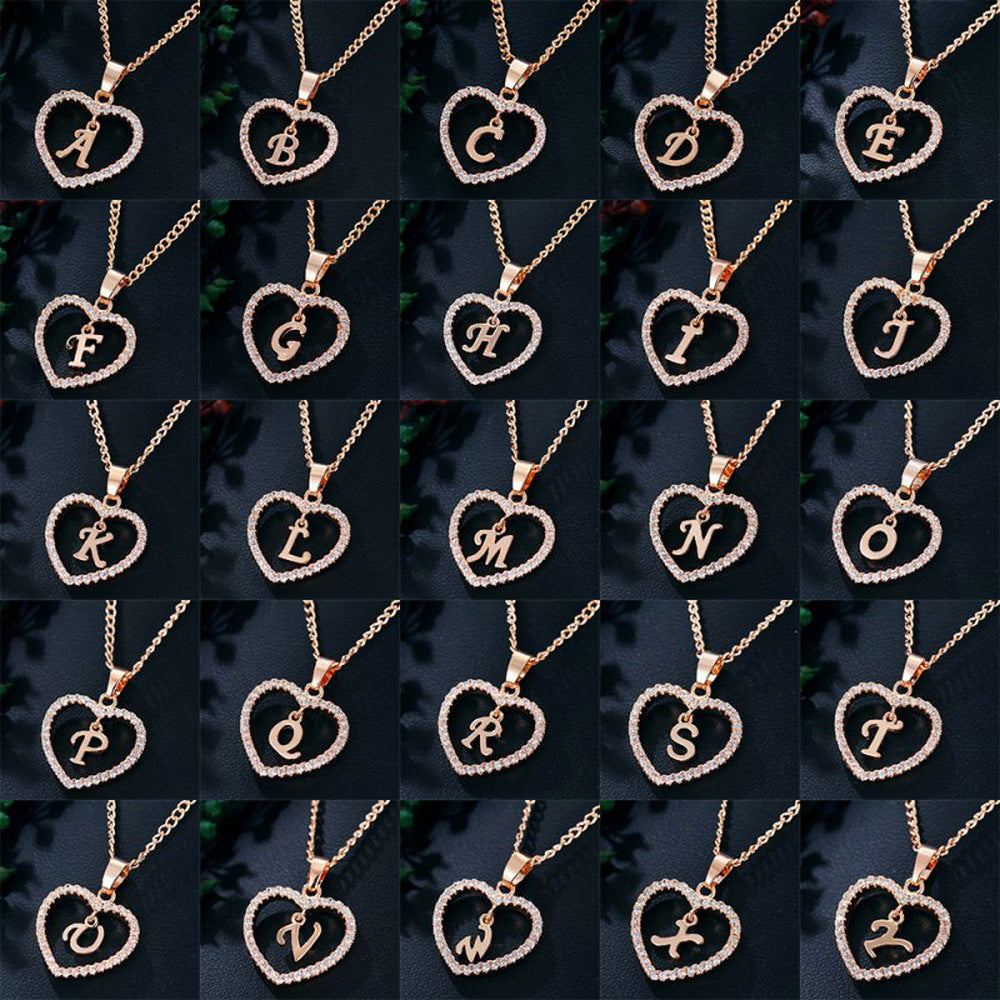 26 Letters Heart-shaped Zircon Pendant Necklace Stainless Steel Gold Color Chains Jewelry Birthday Gift For Women