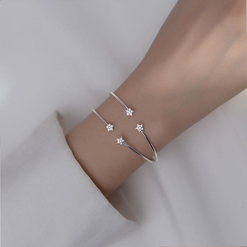 S925 Silver Bracelet Female Korean Style Sweet Simple Rhinestone Five-pointed Star