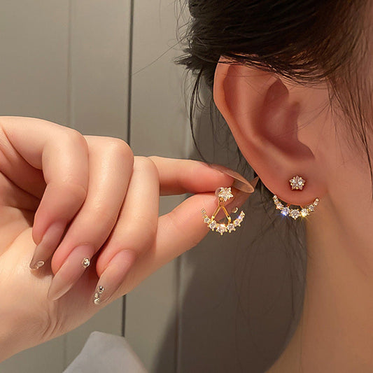 Silver Needle Dual-wear Diamond Star And Moon Stud Earring