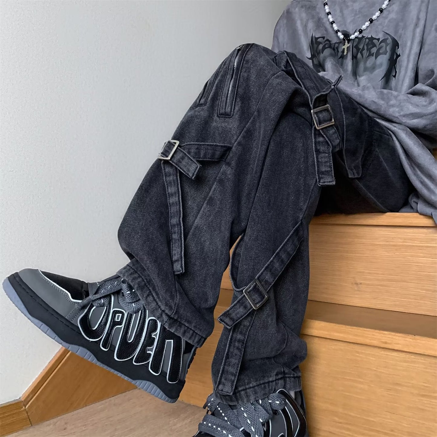 Men's American-style Vibe Zipper Lace-up Jeans