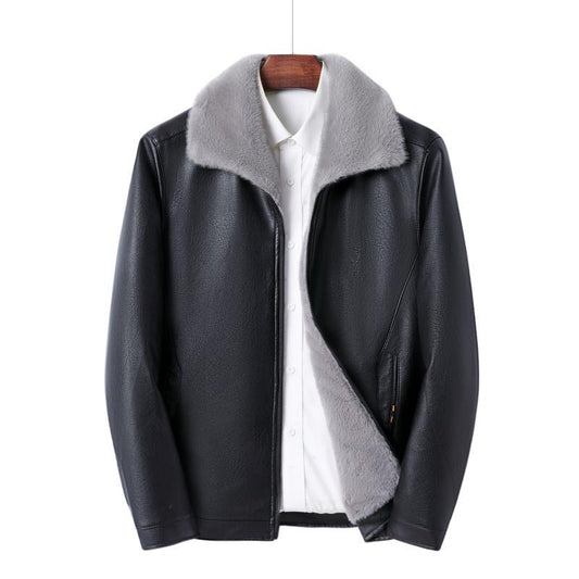 White Mink Velvet Fleece-lined Thick Loose Casual Leather Jacket For Men