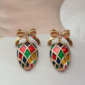 Vintage Plaid Bow Drip Glazed Enamel Earrings