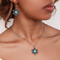 Female Fashion Personality Distressed Metal Hollow Flower Turquoise Necklace And Earrings Suite