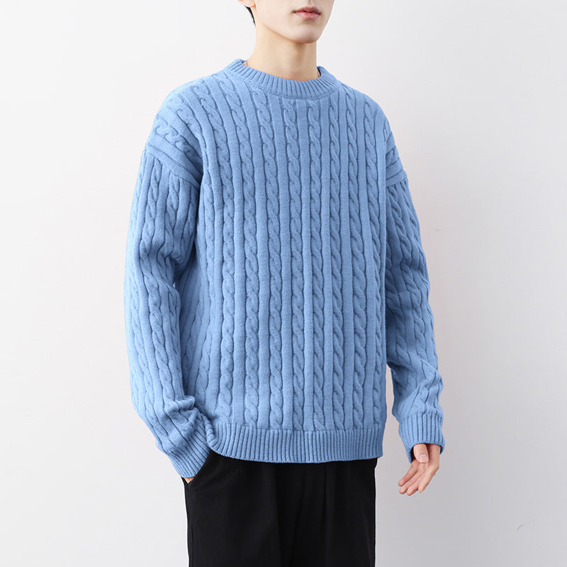 Men's Thick Solid Color Loose Round Neck Twisted Twisted Sweater