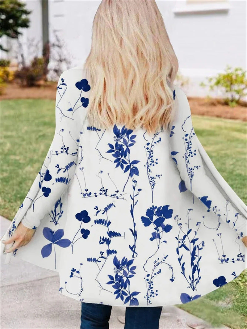 Autumn Flower Mang Printed Mid-length V-neck Trench Coat