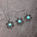 Female Fashion Personality Distressed Metal Hollow Flower Turquoise Necklace And Earrings Suite