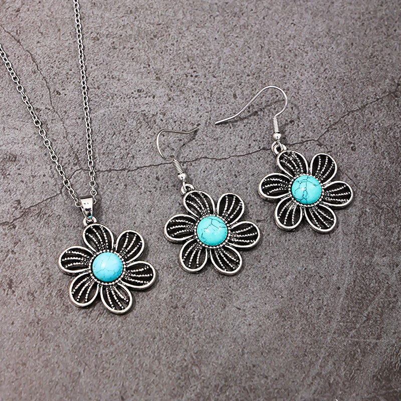 Female Fashion Personality Distressed Metal Hollow Flower Turquoise Necklace And Earrings Suite