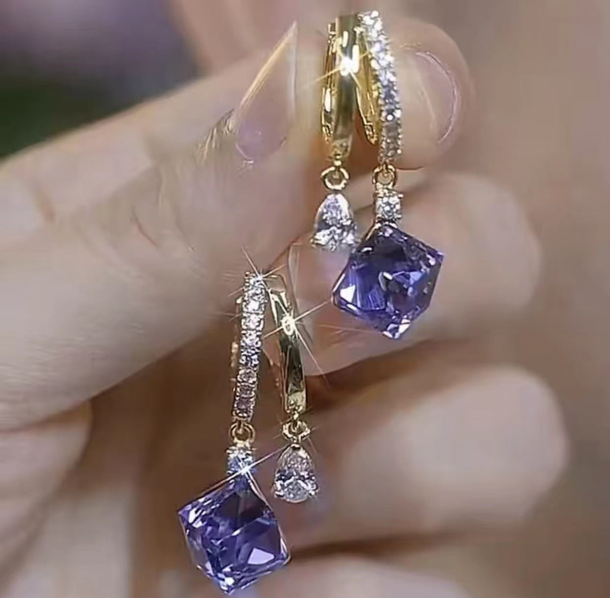 Blue Cube Sugar Crystal Earrings Temperament Ear Clip