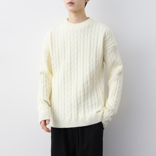 Men's Thick Solid Color Loose Round Neck Twisted Twisted Sweater