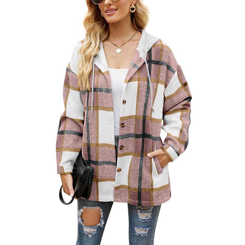 Ladies Plaid Coat Hooded Casual Loose Shirt