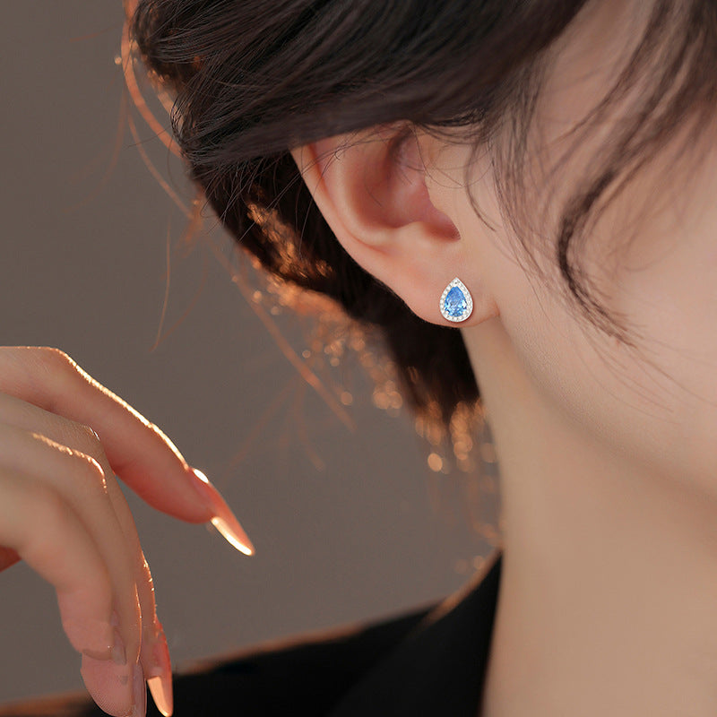 Super Flash Blue Water Drop Ear Studs French Elegance