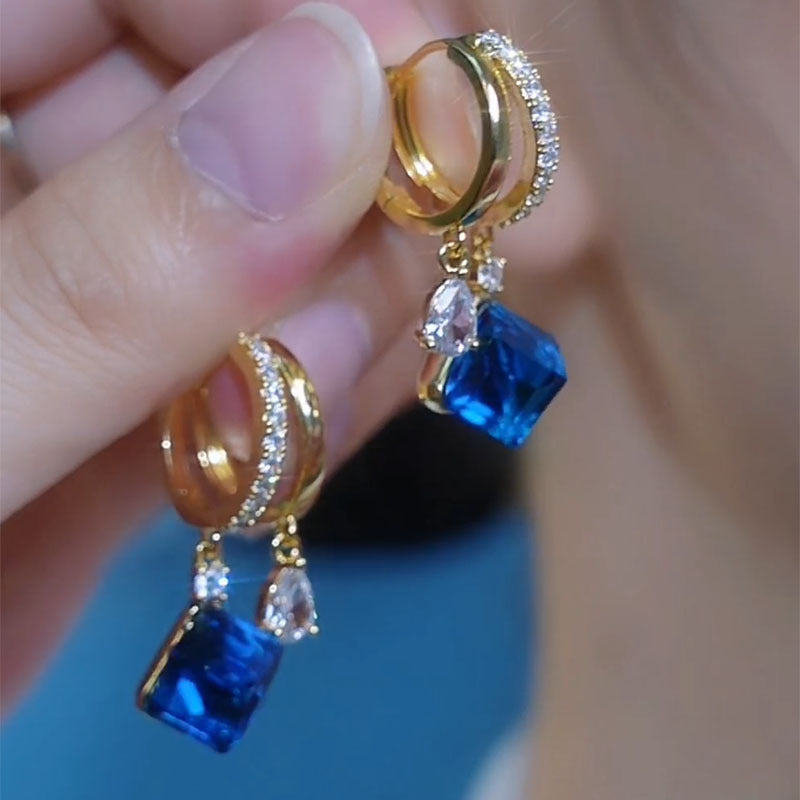 Blue Cube Sugar Crystal Earrings Temperament Ear Clip