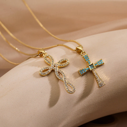 Special Interest Light Luxury Copper Plated Real Gold Zircon Cross Pendant Necklace