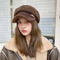 Faux Cashmere Fashion Leather Tag Octagonal Winter Warm Peaked Cap