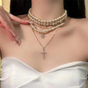 Women's Multi-layer Pearl Cross Necklace