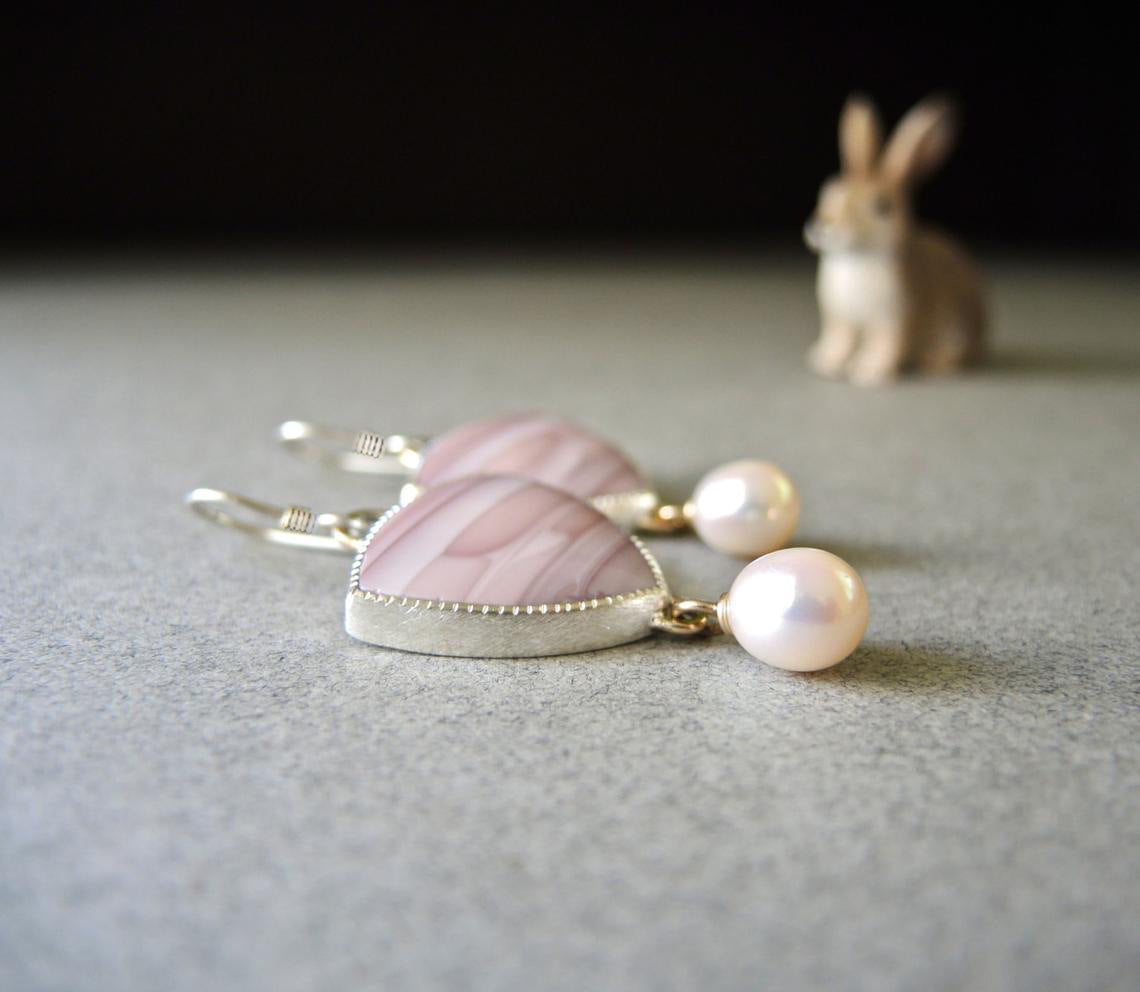 New Style Pink Opal And Pearl Earrings