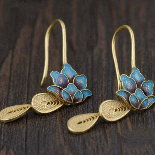 Elegant Lotus Water Drop Women's Vintage Silk Burnt Blue Earrings