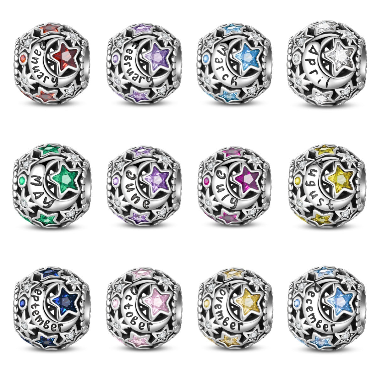 White Copper Silver Plated Birthstone Charm Beads