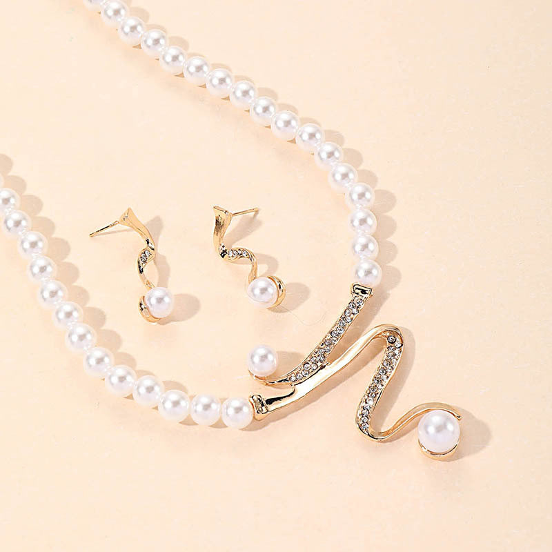 Fashion Pearl Diamond-studded Necklace Earrings Pendant 2-piece Set