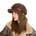 Faux Cashmere Fashion Leather Tag Octagonal Winter Warm Peaked Cap